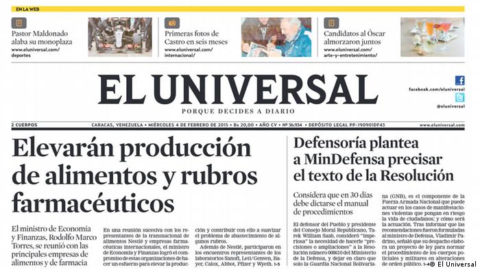  Ausschnitt der Titelseite der venezolanischen Tageszeitung El Universal