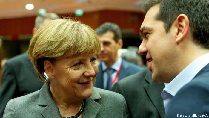 Merkel und Tsipras beim EU-Gipfel in Brüssel am 12. Februar 2015