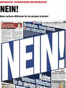 A screenshot of an article from Germany's Bild newspaper stating No more billions for greedy Greeks