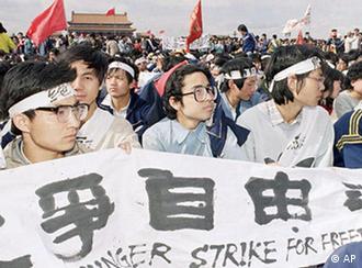 University students sit in Tiananmen Square on Saturday, May 13, 1989 in Beijing on a hunger strike for freedom and democracy. The students vow to sit until the arrival of Soviet leader Mikhail Gorbachev on Monday. (AP Photo)