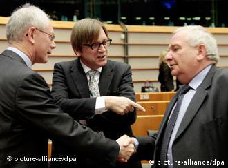 President of the European Council Herman Van Rompuy (L) Guy Verhofstadt, chairman of the Eurpean parliament's Liberal Group (C) and Joseph Daul, chairman of the EPP Christian-Democratic Group (R)  (EPA/Olivier Hoslet)