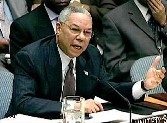 Secretary of State Colin Powell speaks to members of the U.N. Security Council at the United Nations Friday, Feb. 14, 2003, during a session on U.N. weapons inspections in Iraq in this television image. (AP Photo/via APTN)